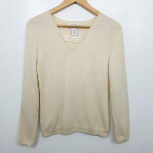 Vtg Annie's Eye 100% Cashmere Cream Lace V-Neck Pull-over Sweater Small